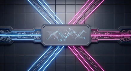 Abstract Tech: Blue and Pink Neon Lines with Central Data Display.