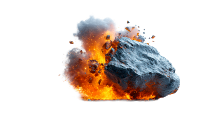 Dynamic asteroid fragment exploding with fiery debris and smoke against a white background, cut out transparent