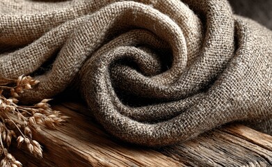 Fototapeta premium Rustic fabric swirl on weathered wood with grain