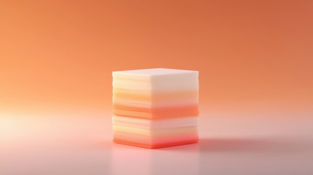 A stack of white and orange squares on a gradient background.