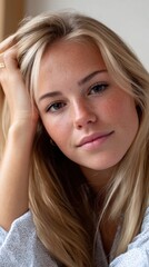 Young blonde woman with freckles, natural makeup, relaxed pose. 