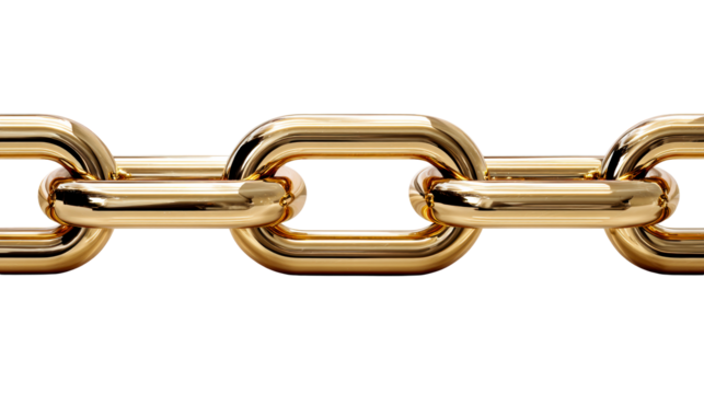 Heavy gold chain links connected with shiny metal texture on a white background, cut out transparent