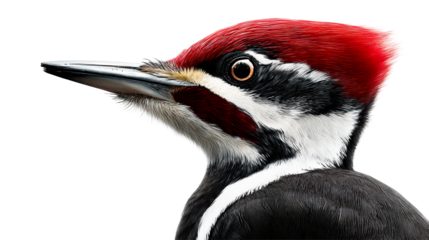 Close-up side profile of a large black and red crested woodpecker bird, cut out transparent