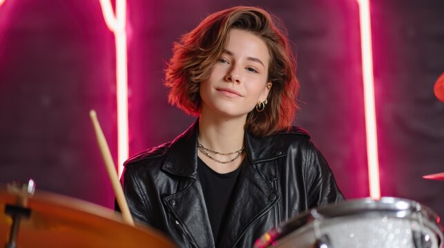 Young female drummer in leather jacket performing on stage under neon lights