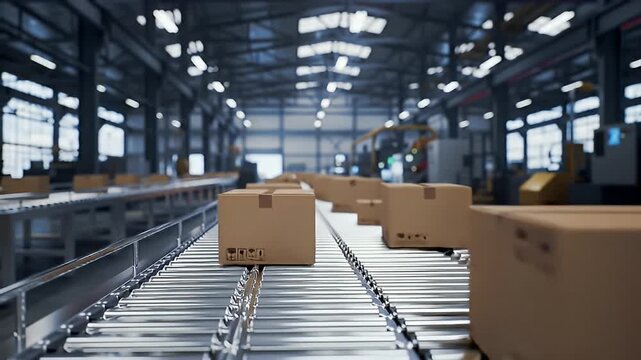 Packages proceed along the conveyor belt in a vast industrial processing facility