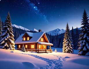 Fototapeta premium Cozy cabin in snowy mountains at night