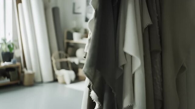 Varied textured fabrics hanging on a rack with a blurred interior in the background
