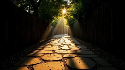 Sunlight streaming through trees onto a stone path creating a serene and inviting atmosphere, perfect for meditation and peaceful reflection in a tranquil garden setting
