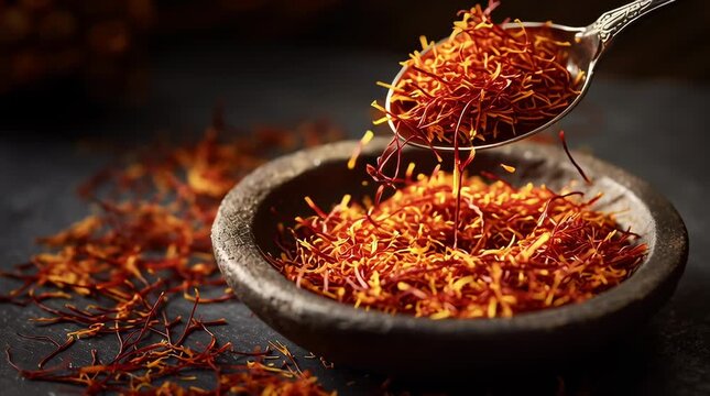 Close up of saffron threads falling gently from spoon into rustic stone bowl with scattered strands on dark background showing organic luxury spice seasoning for gourmet cooking and natural ingredient