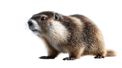 A close up view of a fluffy groundhog with striped fur on a white background, cut out transparent