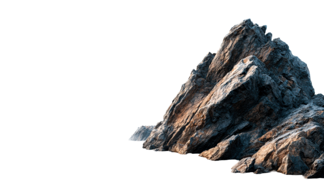 Rugged rocky coastline with textured surface and dramatic shadows, cut out transparent