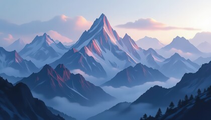 Obraz premium Surreal landscape of a mountain range shaped like a digital soundwave, where peaks resemble audio frequencies. The sky and mountains are designed with liquid marble patterns, blending pastel and metal