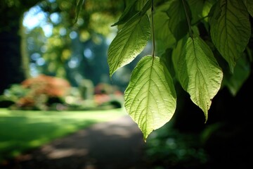Lush green leaves bathed in sunlight, garden background