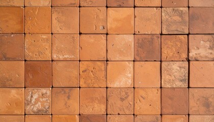 Naklejka premium A brown and red textured brick wall background shows a repeating pattern of old, rough stone and cement tiles