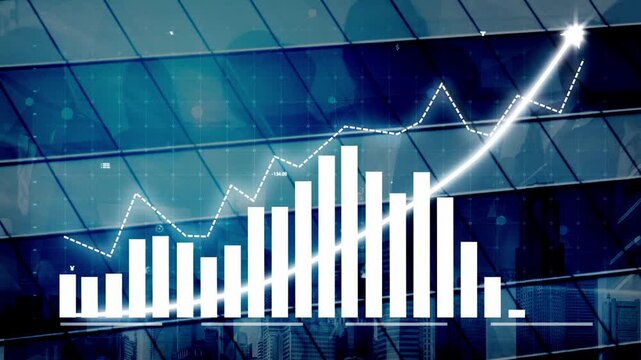 This image depicts a modern financial growth concept, showcasing graphs and charts on a glass building backdrop, reflecting economic trends and data insights. Copula - Powered by Adobe