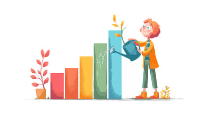  Cheerful person watering growing plant on financial business chart. An illustration concept of investment, progress, and success for sustainable future