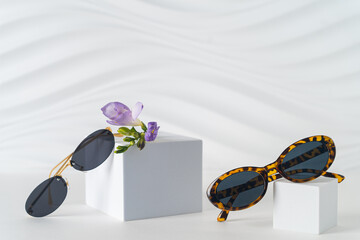 Two pairs of Trendy sunglasses on podiums on white background with flower. New eyewear collection....