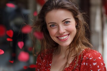 Naklejka premium Happy smiling woman celebrating Valentine's Day with falling rose petals in a festive outdoor setting during daytime