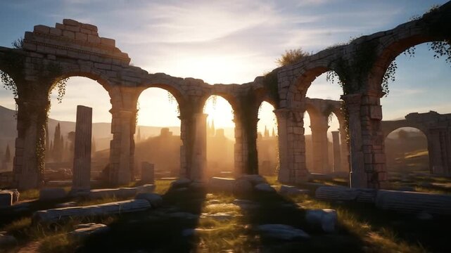 Ancient Ruins at Sunrise: A serene video capturing the mystical charm of architectural vestiges bathed in golden sunlight evoking a sense of timeless wonder and architectural brilliance
