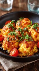 Potato Dumplings with Cherry Tomatoes and Thyme in Black Bowl