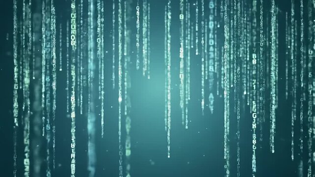 Digital rain of numbers and letters on a teal gradient background