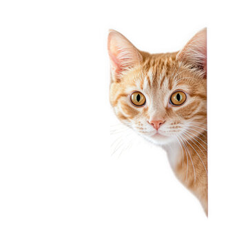 Curious orange tabby kitten peeking around a corner, isolated on transparent background