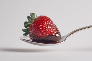 Fresh Strawberry Covered in Rich Chocolate on a Silver Spoon