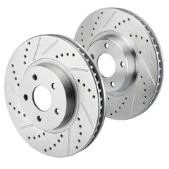 Pair of drilled and slotted performance brake rotors isolated on transparent background