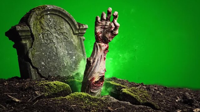 Zombie Hand Emerging from Grave, Green Screen