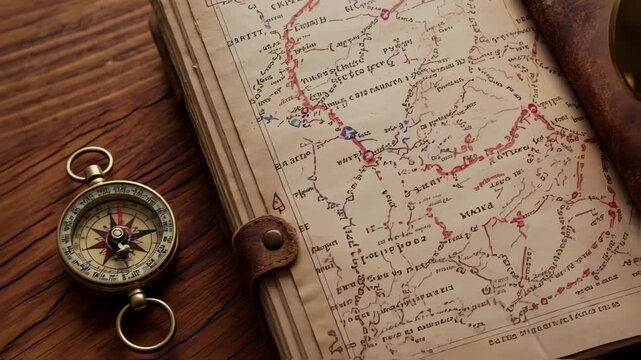 Open antique travel journal with map and magnifying glass on wooden surface
