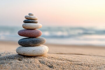 Fototapeta premium Stacked stones on beach sand at dawn. Soft focus ocean in background