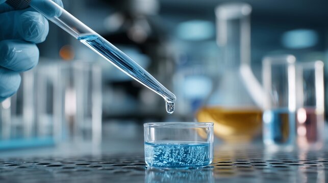 Scientist's gloved hand use micropipette to transfer liquid into test tube,laboratory,copy space.