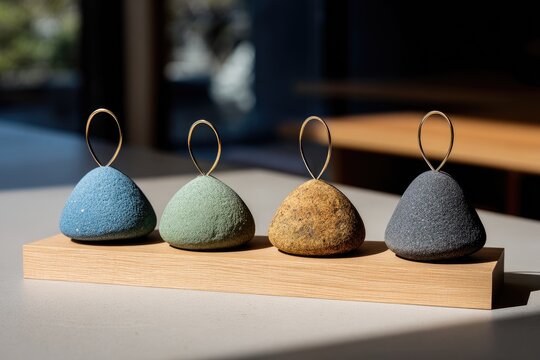 Four small, sculpted, ceramic placeholders in varying shades of blue, green, and ochre, resting on a light-colored wooden display platform