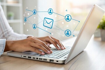 Person typing on laptop with digital network and email icon