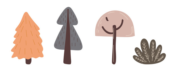 Set of stylized forest trees and bush in soft autumn colors, hand-drawn in a playful flat cartoon style. Ideal for children's book design, forest-themed prints, educational materials, stickers, season