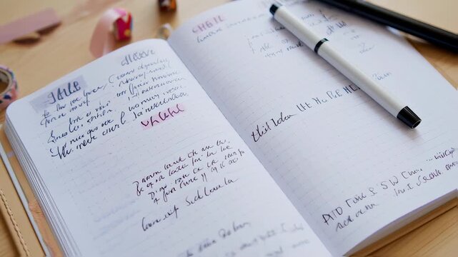 Closeup of handwritten notes with colorful washi tapes and pens on a wooden desk