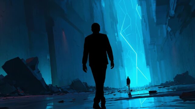 An explorer stands in an otherworldly canyon, surrounded by towering rock formations and illuminated by dazzling blue rays. The atmosphere is thick with mystery and wonder.