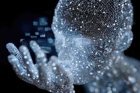 Digital person holds floating data