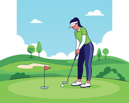 Golfing Goal: A focused female golfer aims and carefully putts the ball toward the flag in the green grass field, perfectly demonstrating sport skill.