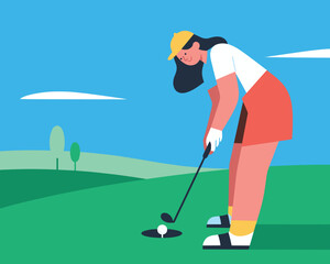 Obraz premium Golf Enthusiast's Precise Swing: An artistic illustration showcases a golfer in action, meticulously lining up a putt on a verdant course, capturing the essence of concentration and precision.