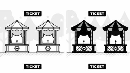 Naklejka premium Illustration showcasing two ticket booths in contrasting styles against a park backdrop scene design