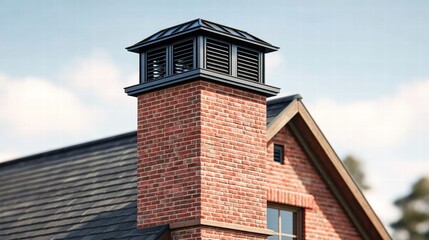 A detailed image showing a brick chimney on a residential home with a decorative top and surrounding roof.