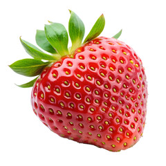 A single ripe red strawberry with green leaves, isolated on a transparent background, showcasing its texture and seeds, perfect for food and healthrelated content