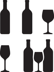  Wine bottle and glass silhouette collection isolated on white background