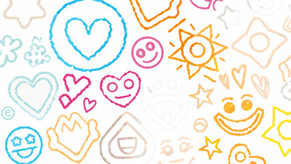 Assorted hand drawn hearts stars suns and smiley faces in various colors on a white textured background