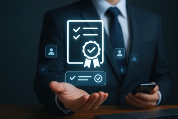 A businessperson displays a digital certification document, highlighting validation and approval processes.