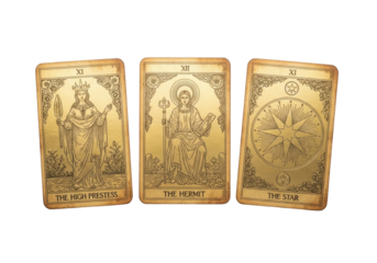 Ancient ornate 'High Priestess', 'Hermit', 'Star' tarot cards with shimmering gold foil on aged parchment, flat lay on a transparent background, concept of ancient wisdom
