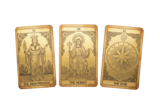 Ancient ornate 'High Priestess', 'Hermit', 'Star' tarot cards with shimmering gold foil on aged parchment, flat lay on a transparent background, concept of ancient wisdom