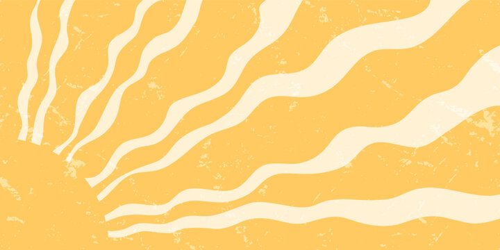 Groovy retro sun burst grunge background with wavy ray and orange wave shapes. Sunshine bursts and yellow sun form a y2k vibe. Horizontal image for artistic, trendy summer or vintage themes.