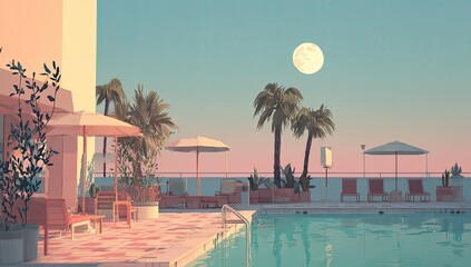 Pastel poolside scene at moonlit resort
